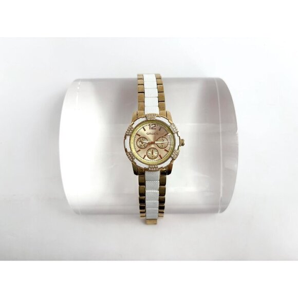 Gruen Chronograph Gold & White T Women's Rhinestone Wrist Watch - 30mm - WORKS! - Picture 2 of 10